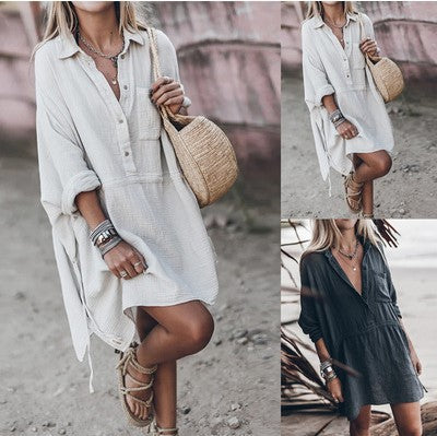 Relaxed loose dress collage: white and dark button-front with long sleeves and tiered skirt
