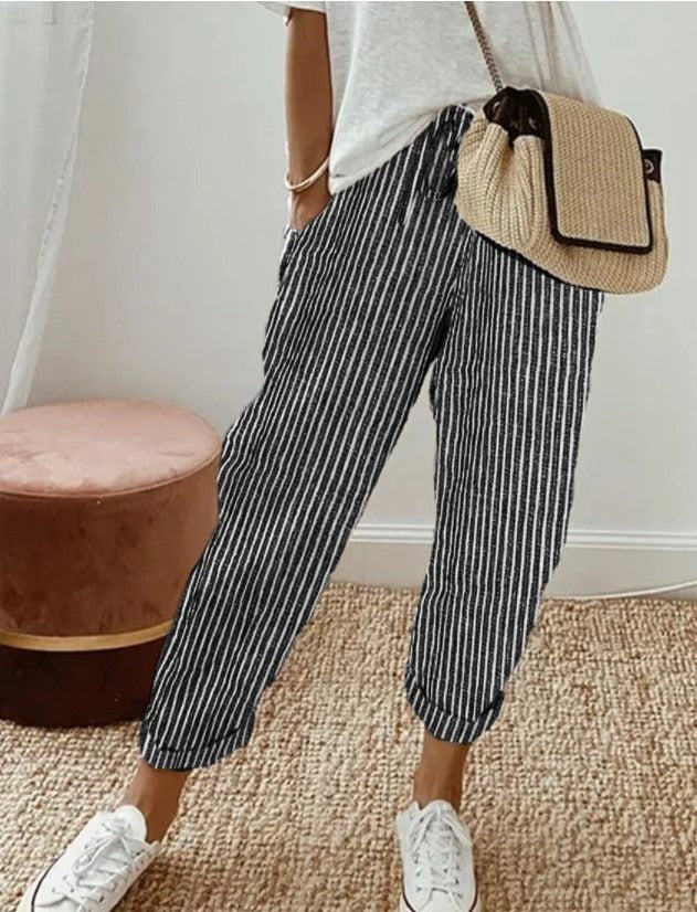 Yara™ striped summer trousers, black and white vertical stripes, cropped ankle length