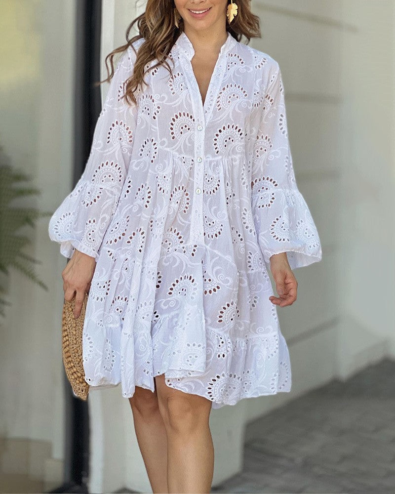 White eyelet summer dress, V-neck button-front, tiered skirt and flared sleeves