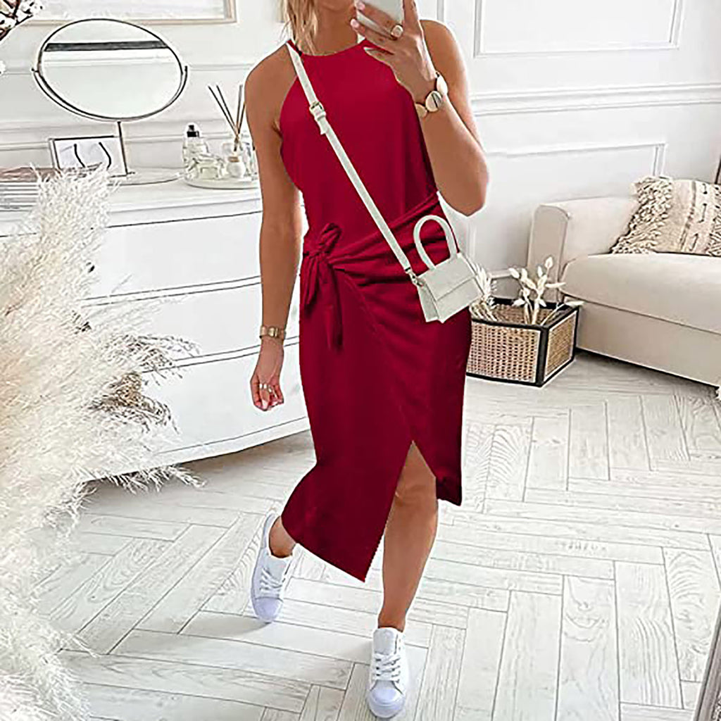 Sleeveless solid midi dress in burgundy with drawstring waist and side slit