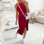 Sleeveless solid midi dress in burgundy with drawstring waist and side slit