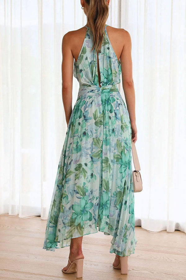 Floral halter maxi dress in green-blue, gathered waist, tiered skirt