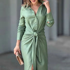 Green button-front midi dress with long sleeves and gathered tied waist detail