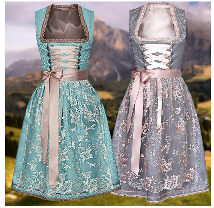ANNA Oktoberfest dress pair with teal floral skirt and dark gray floral skirt