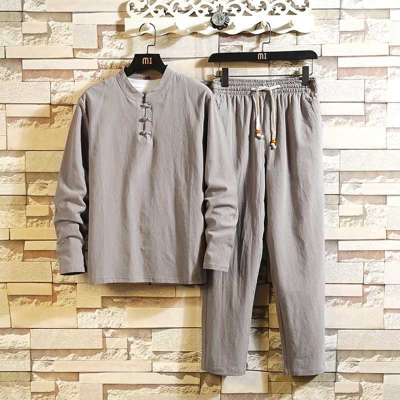 Men's tunic and drawstring pants set, light gray, long sleeves, button placket