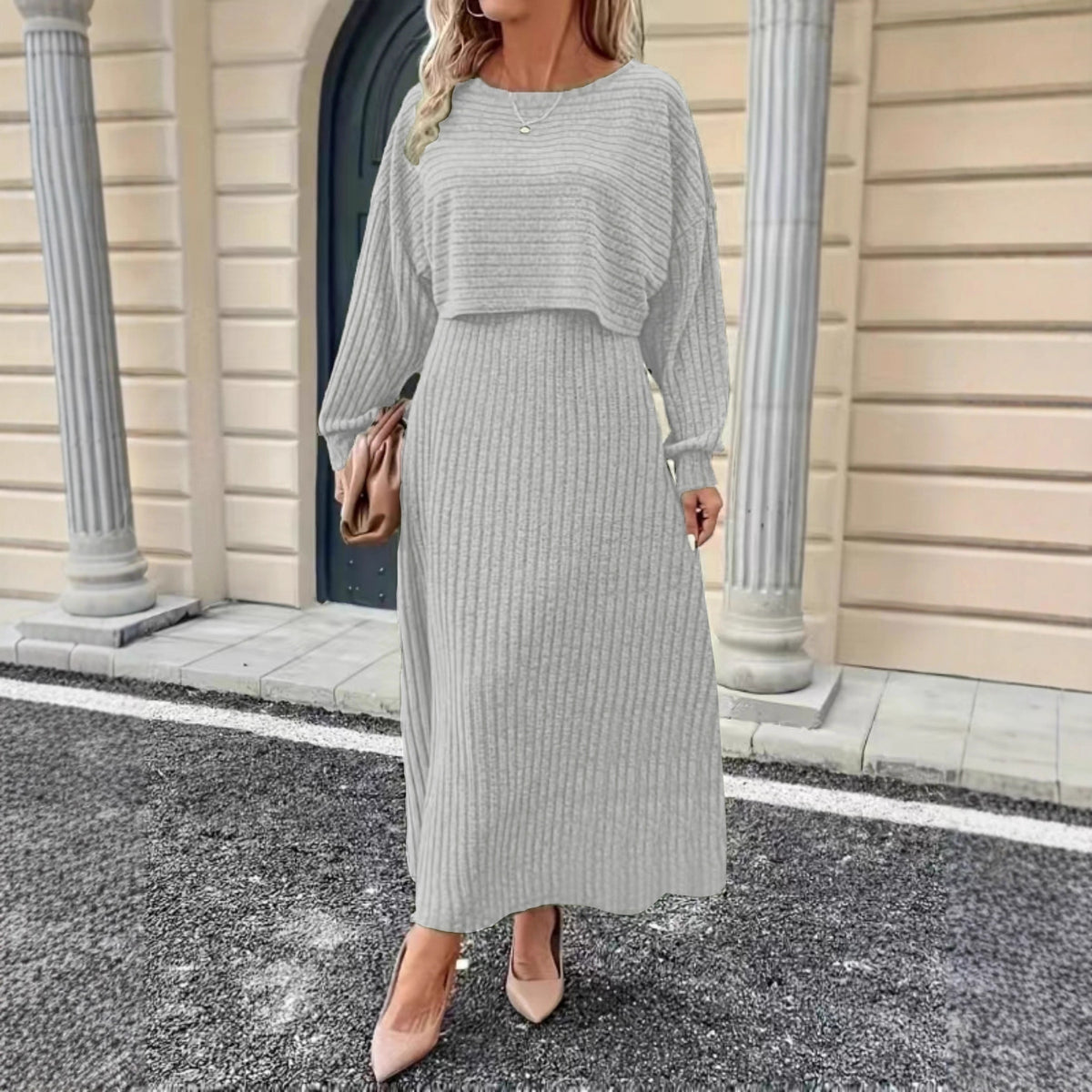 Light gray knit co-ord set with cropped long-sleeve top and fitted midi skirt