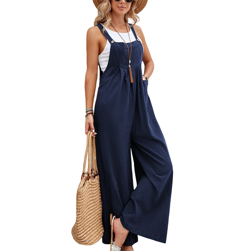 Women’s casual sleeveless jumpsuit in navy blue, tie-front straps and wide-leg pants