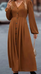 Brown V-neck midi dress with front buttons and pleated, gathered skirt