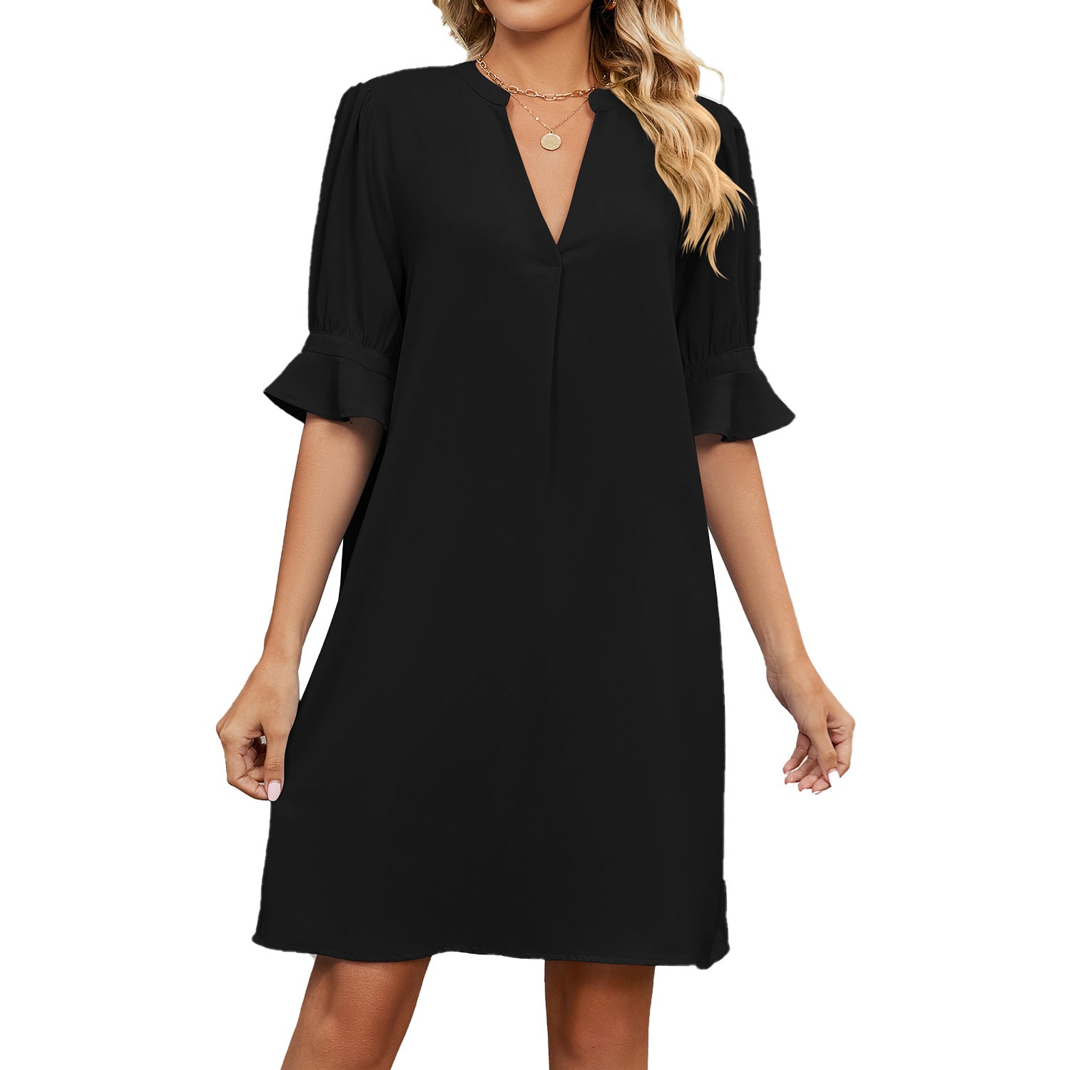 Black V-neck short-sleeve shift dress with flared cuff and loose fit