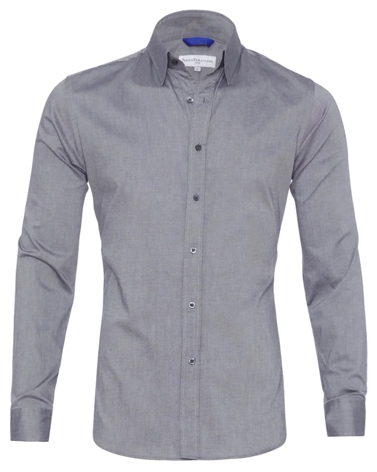 Gray stretch zip shirt with point collar, button-front, long sleeves