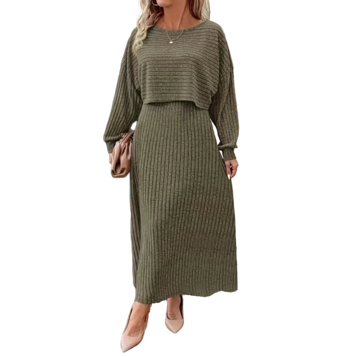 Olive green knit co-ord set with cropped long-sleeve top and fitted midi pencil skirt