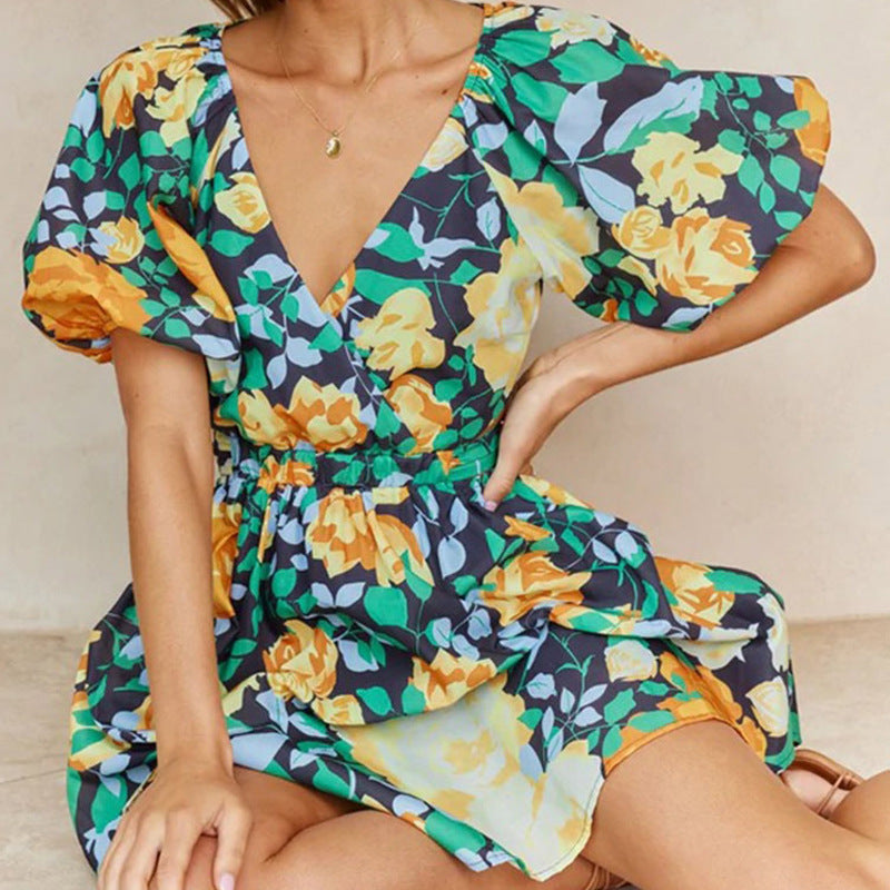Floral casual summer dress with V-neck, gathered waist, and short puff sleeves
