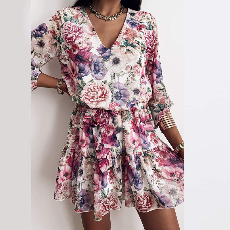 Floral mini dress in pink and purple roses, V-neck, long sleeves, gathered waist