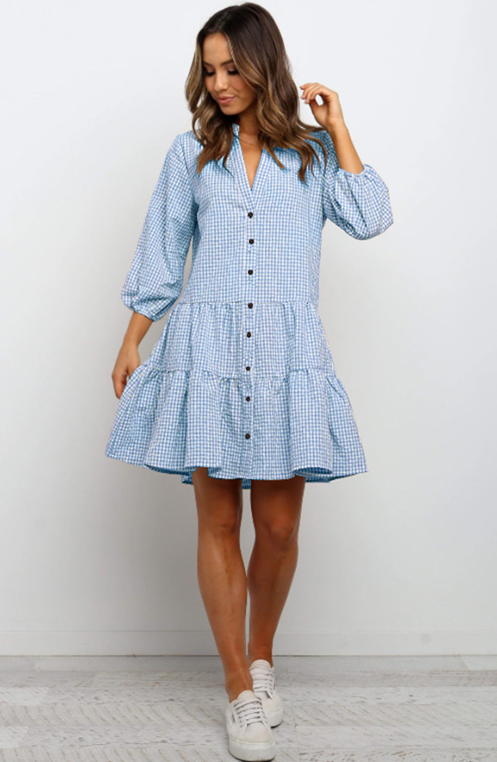 Comfy blue check summer dress with V-neck and button front, puff sleeves