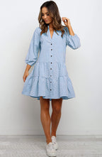 Comfy blue check summer dress with V-neck and button front, puff sleeves