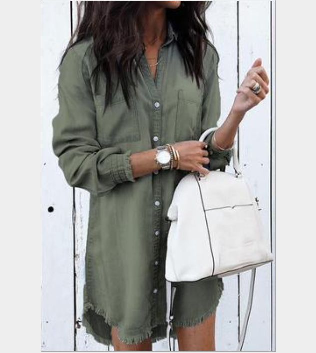 Long-sleeve shirt dress, olive green, button-front, frayed hem