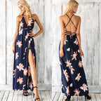 Navy floral halter maxi dress, front and crisscross back view