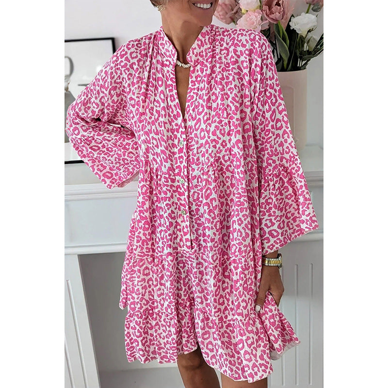 KALI pink leopard-print maxi dress, loose fit, long sleeves, tiered ruffle hem
