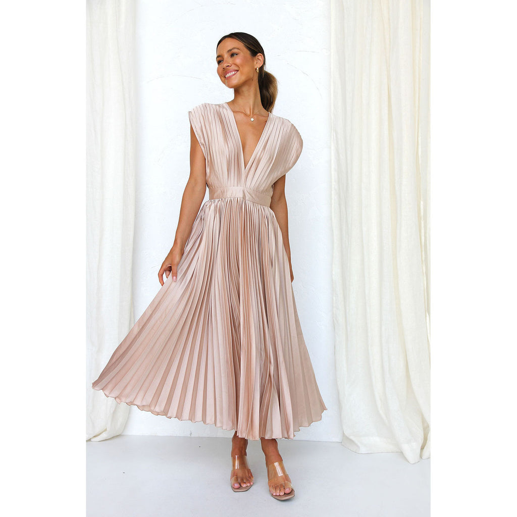Champagne pleated V-neck maxi dress with short sleeves and gathered waist