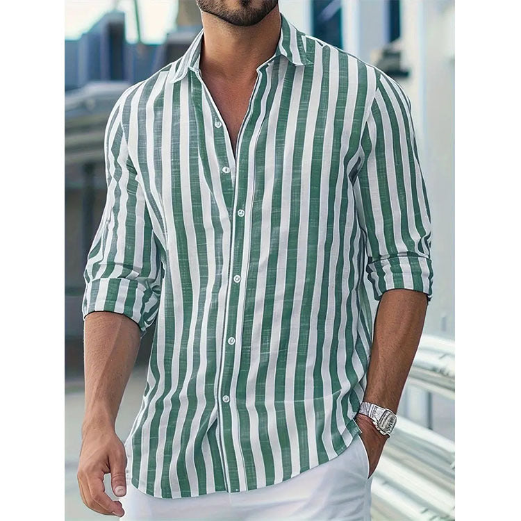 Men’s linen blouse with vertical green-and-white stripes, button-front and open collar