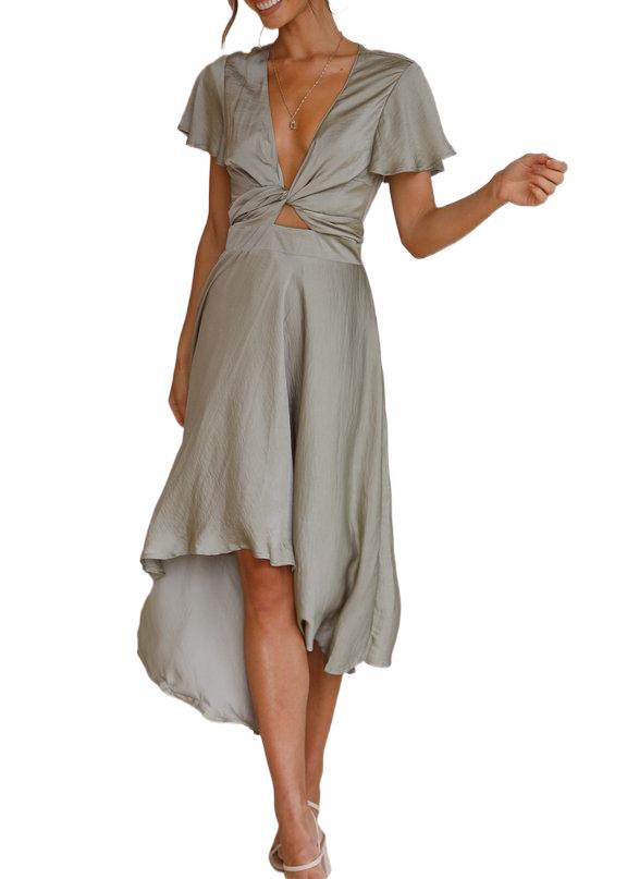 Light green V-neck summer dress with flutter sleeves, knotted ruched waist, asym hem