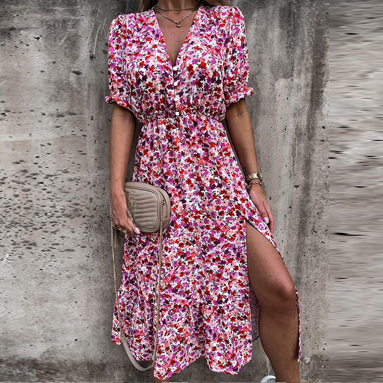 Floral maxi dress with V-neck, button front, short sleeves, and side slit; pink multicolor
