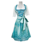Turquoise midi dress with corset lacing, lace sleeves, and ribbon bow at waist