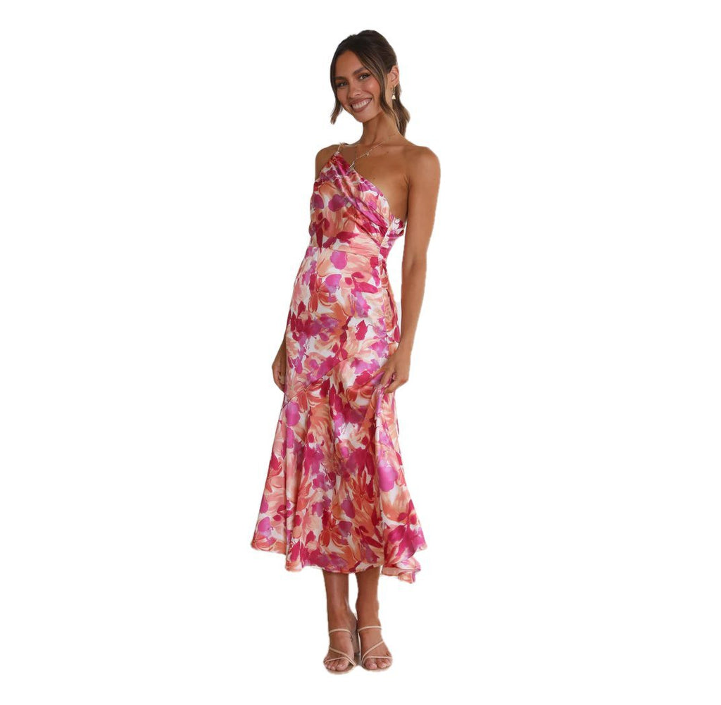 Floral one-shoulder midi dress, sleeveless, pink and magenta with layered skirt