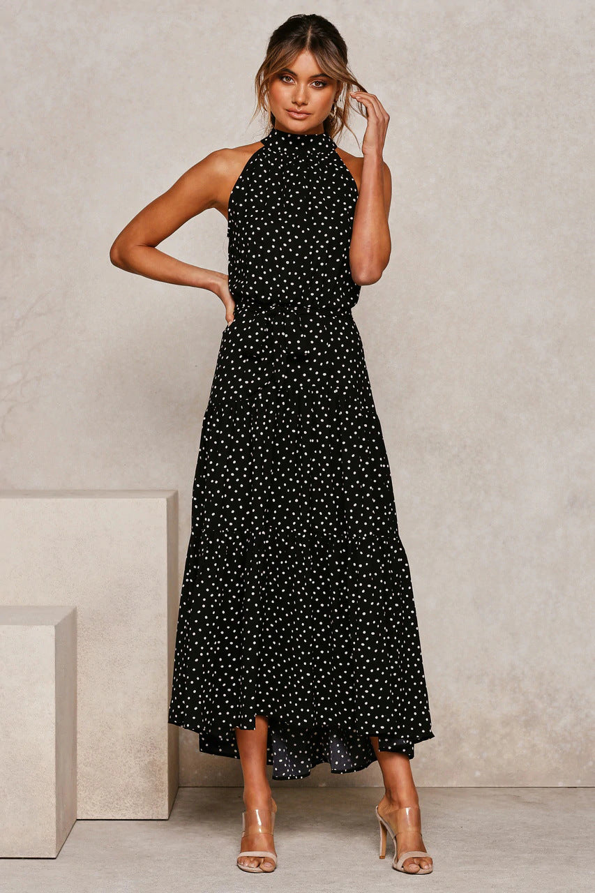 Black halter long dress with tiny white dot print and tiered skirt