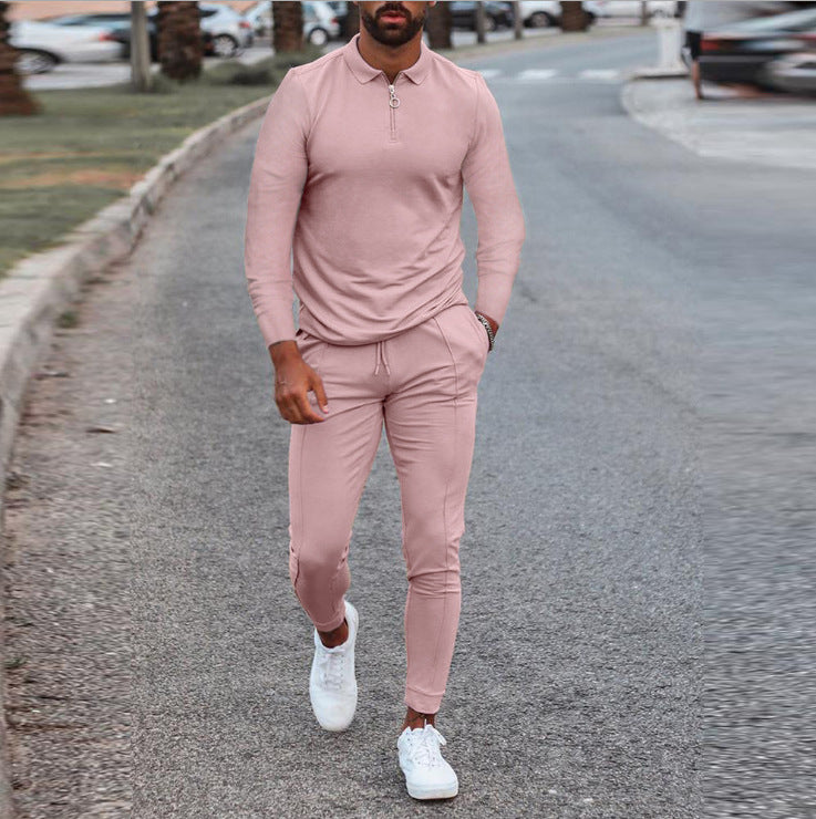 Men's quarter-zip lounge set with jogger pants, light pink long-sleeve top