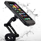 Black universal phone holder with sealed housing and pivoting phone cradle, water-resistant