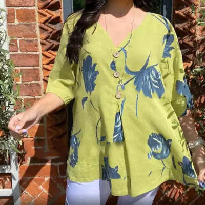 Lime green summer button-up shirt with blue floral print, V-neck and 3/4 sleeves