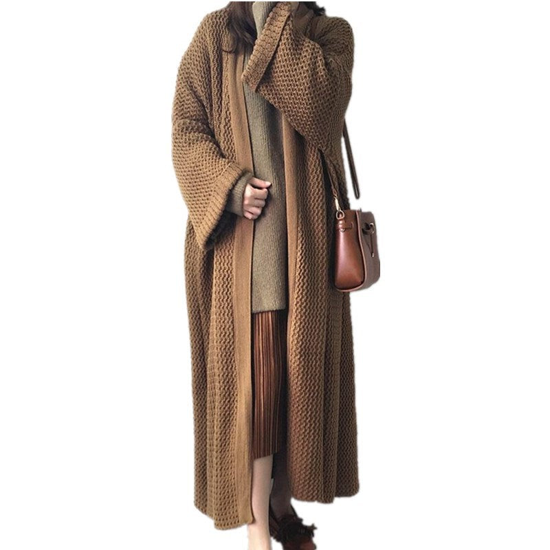 Tan textured knit cardigan with open front and long sleeves