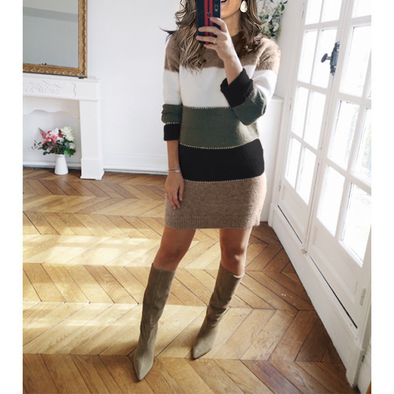 ONDRA women’s striped knit sweater dress, long sleeves, crew neck; green and brown.