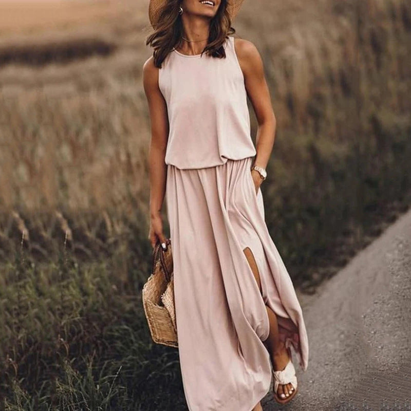 Sleeveless tiered maxi summer dress in light pink, draped loose fit