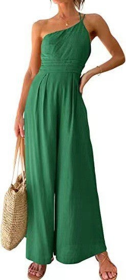 Green halter-neck wide-leg jumpsuit with smocked bodice and elastic waist