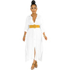 White button-front maxi summer dress with three-quarter sleeves and waist belt
