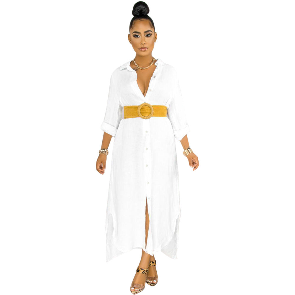 White button-front maxi summer dress with three-quarter sleeves and waist belt