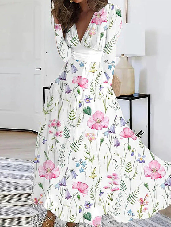 JULISSA white pink floral V-neck maxi dress with long sleeves