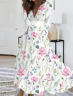 JULISSA white pink floral V-neck maxi dress with long sleeves