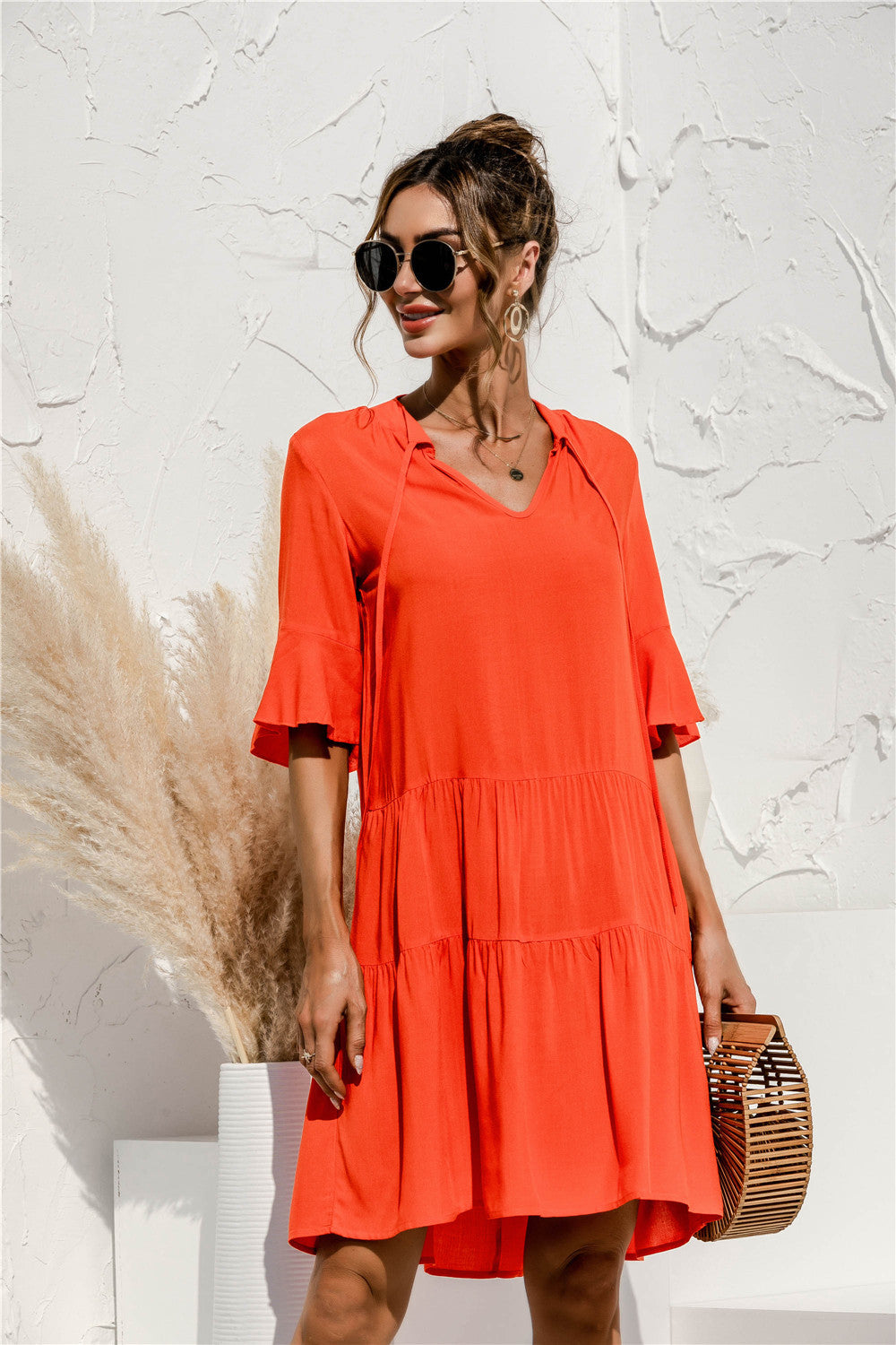 MONA summer dress in bright orange, V-neck, short sleeves, tiered flared skirt