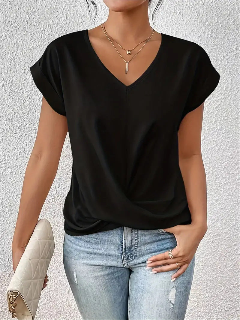 Noa™ V-neck summer blouse in black, short sleeves, twist-front knot detail