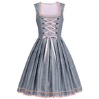 Oktoberfest dress with square neckline, pink corset lacing, and full blue-gray skirt