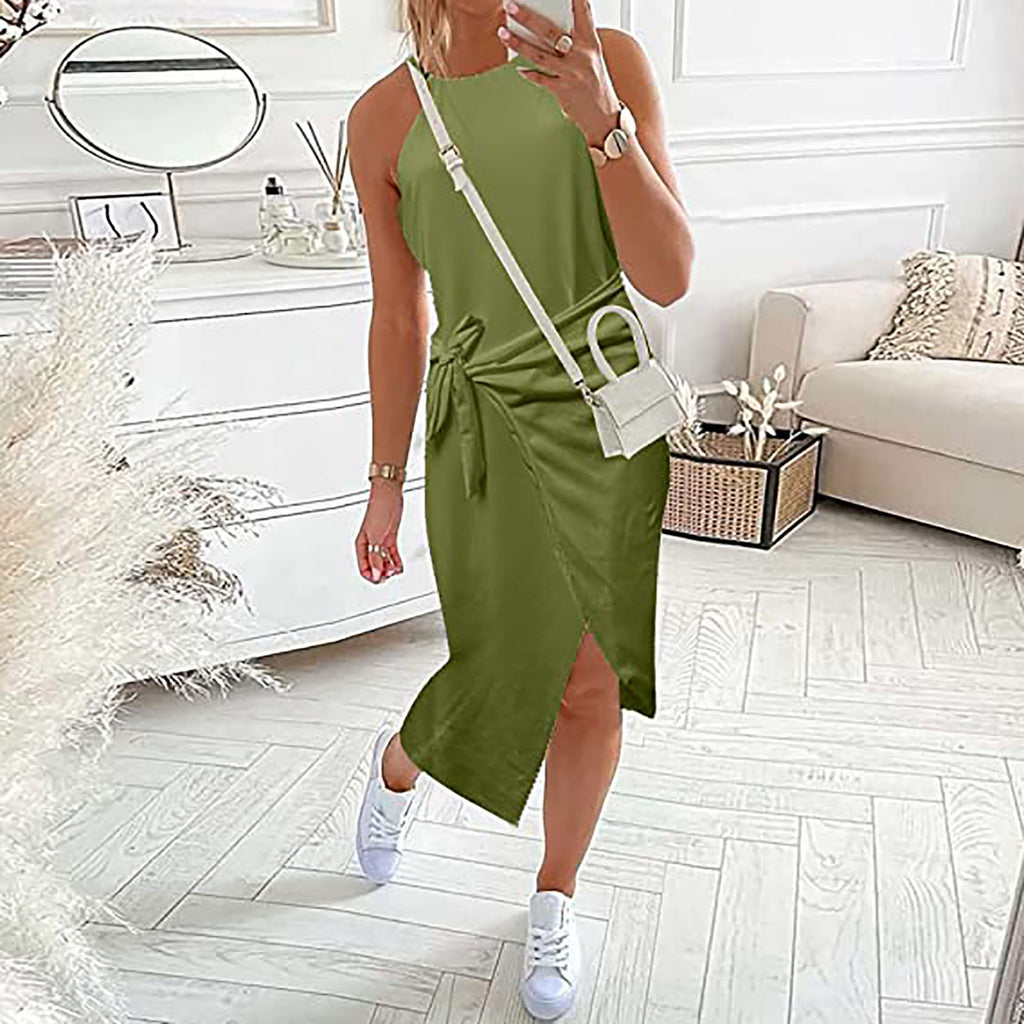 Sleeveless solid midi dress in olive green with drawstring waist and side slit