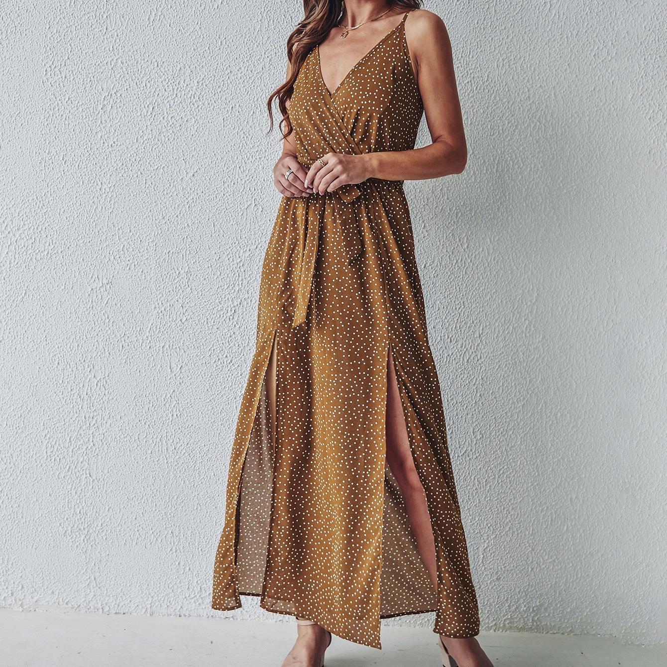 EIRINI khaki brown polka-dot maxi dress with V-neck, tie waist, and side slit