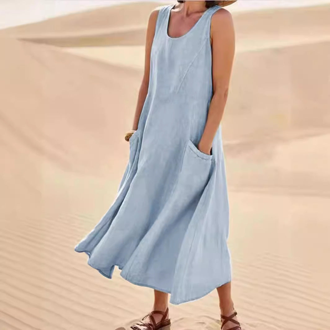 OONA sleeveless long summer dress in light blue, round neckline and side pocket