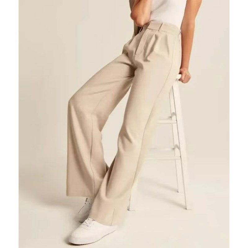 Beige wide-leg summer trousers with high waist and button front