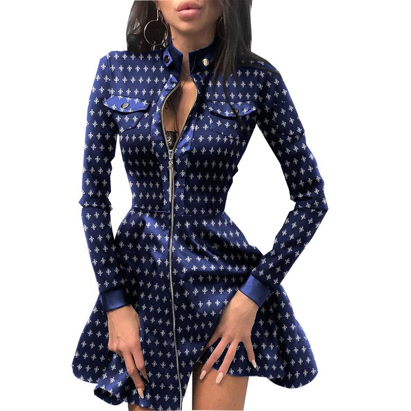 Blue patterned zip-front mini dress with long sleeves and flared peplum hem