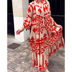 Women’s maxi dress with long sleeves, V-neck, red and white geometric print