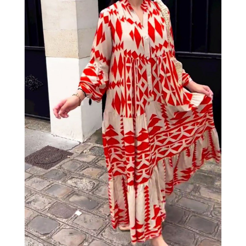 Women’s maxi dress with long sleeves, V-neck, red and white geometric print
